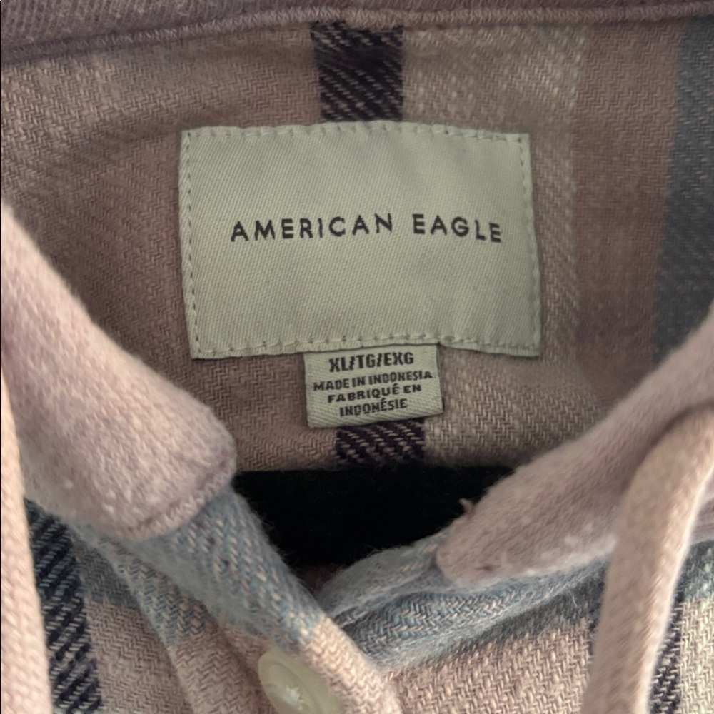 American Eagle Outfitters  Dusty Pink and Blue flannel hoodie top - Picture 3 of 5